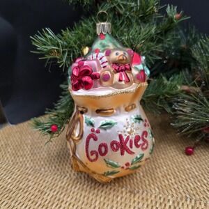 Lenox Glass Christmas Ornament Cookie Jar Teddy Bear Presents Holly Glitter 5.5"